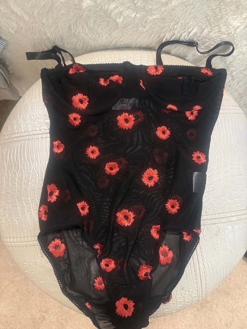 Princess Polly Black Mesh Bodysuit with Red Floral Embroidery